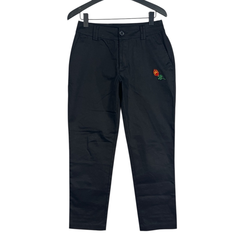Civil Regime Men's Black Embroidered Rose Script Tapered Chino Pants Size 28